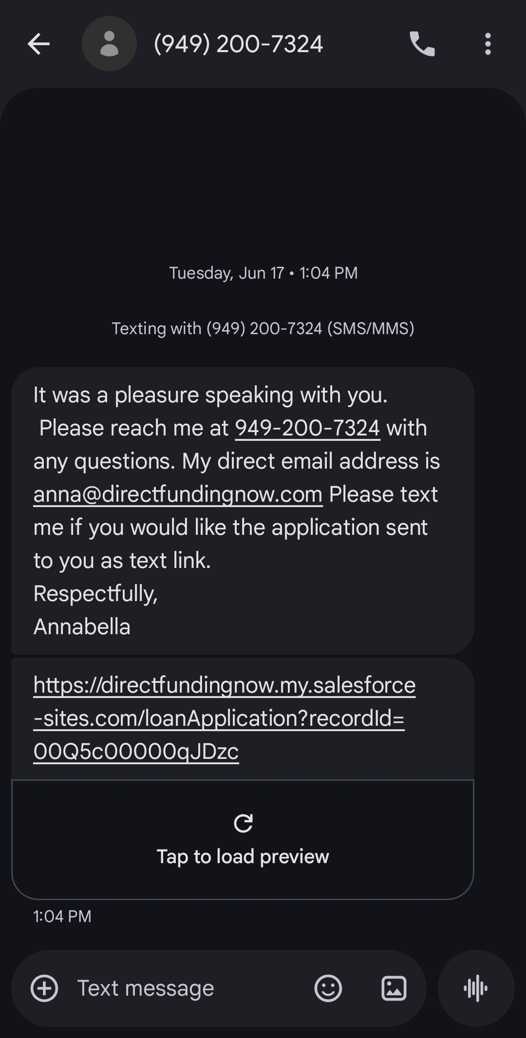 Screenshot of Annabella's text messages