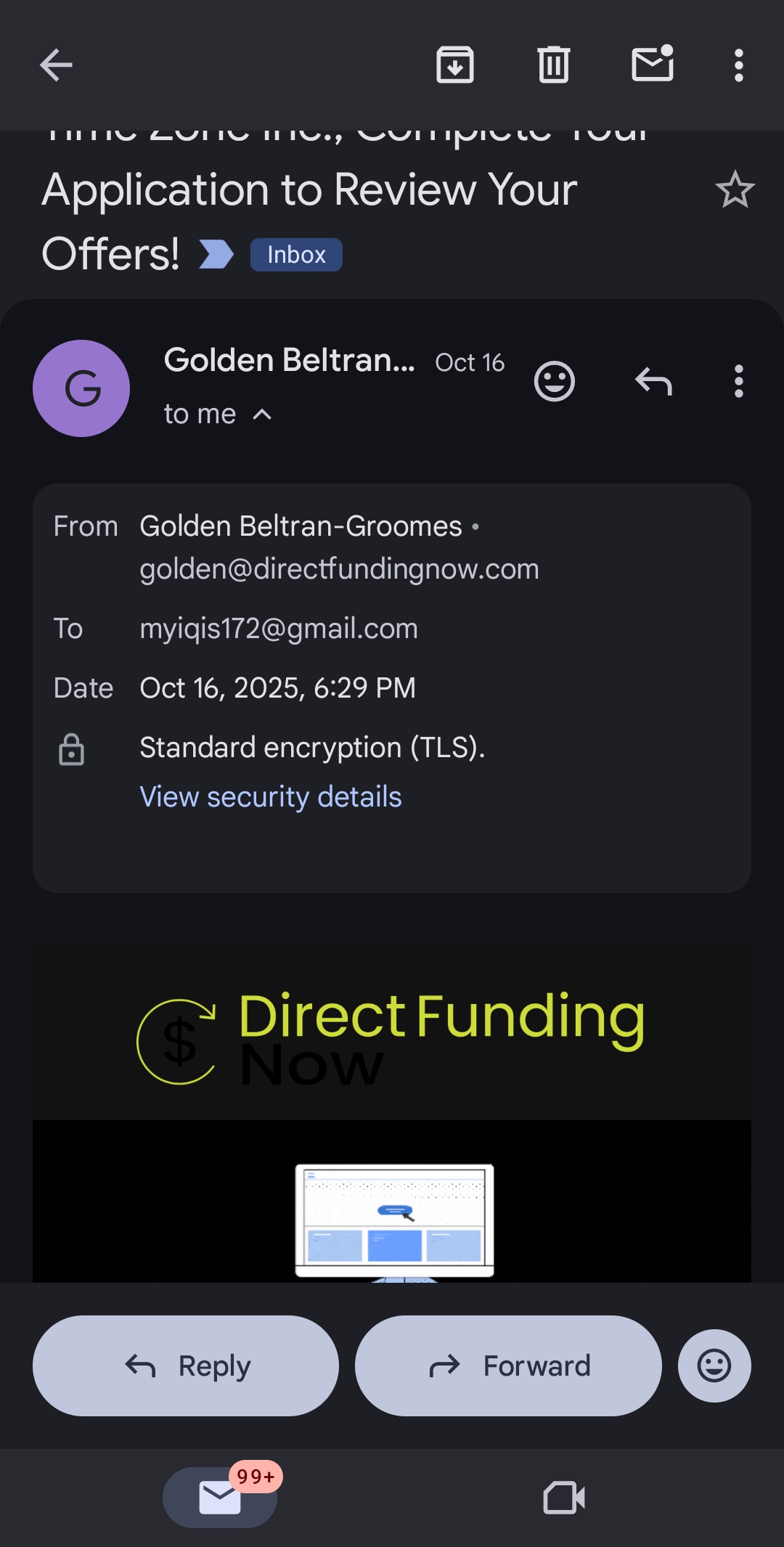 Golden Beltran-Groomes email from Direct Funding Now